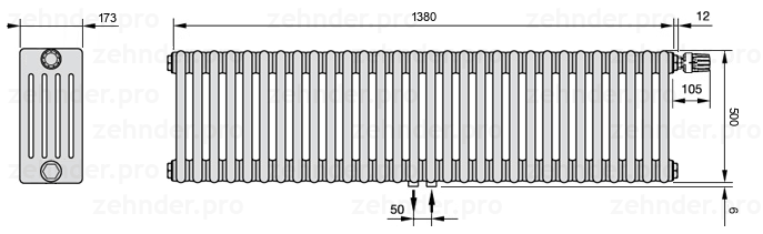 Схема (чертеж) Радиатор Zehnder Charleston 5050/30 №V008 Белый глянцевый RAL 9016